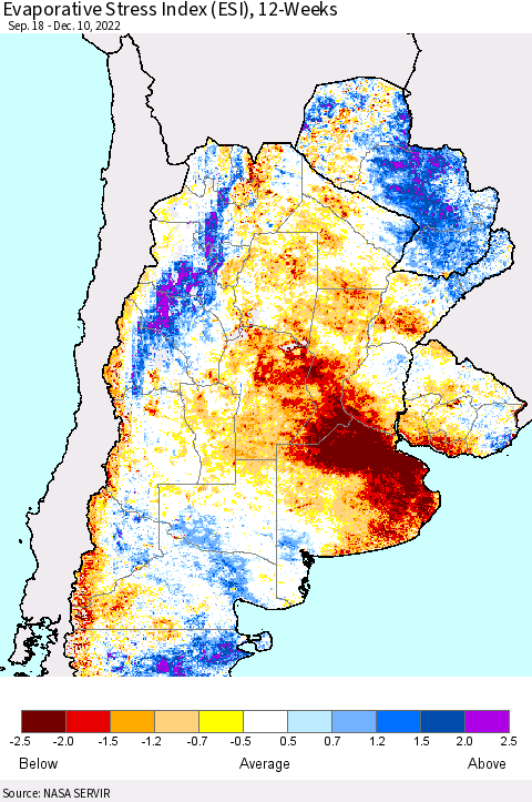 Southern South America Evaporative Stress Index (ESI), 12-Weeks Thematic Map For 12/5/2022 - 12/11/2022