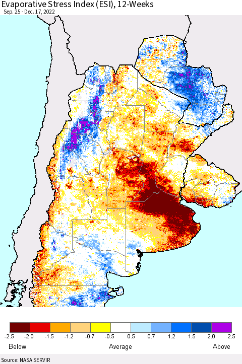 Southern South America Evaporative Stress Index (ESI), 12-Weeks Thematic Map For 12/12/2022 - 12/18/2022
