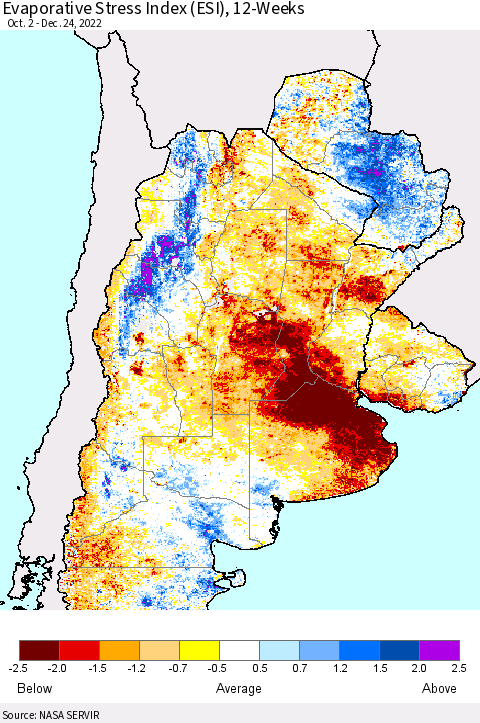 Southern South America Evaporative Stress Index (ESI), 12-Weeks Thematic Map For 12/19/2022 - 12/25/2022