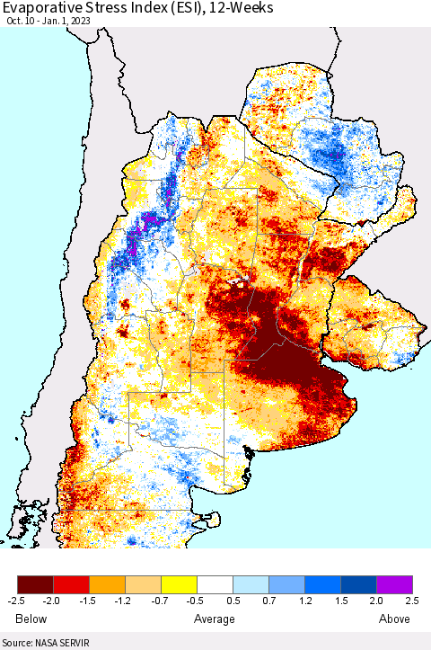 Southern South America Evaporative Stress Index (ESI), 12-Weeks Thematic Map For 12/26/2022 - 1/1/2023