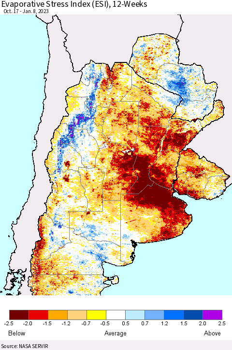 Southern South America Evaporative Stress Index (ESI), 12-Weeks Thematic Map For 1/2/2023 - 1/8/2023