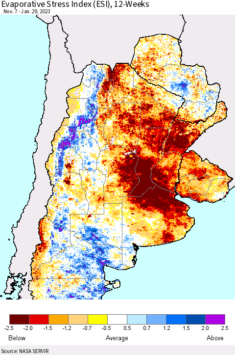 Southern South America Evaporative Stress Index (ESI), 12-Weeks Thematic Map For 1/23/2023 - 1/29/2023
