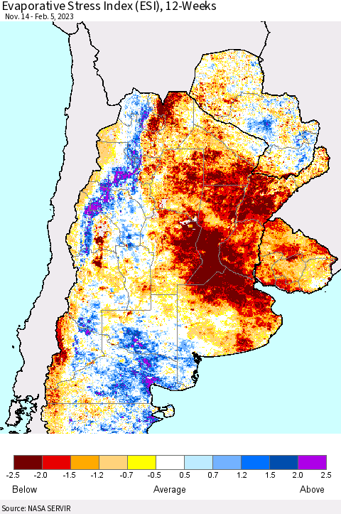 Southern South America Evaporative Stress Index (ESI), 12-Weeks Thematic Map For 1/30/2023 - 2/5/2023
