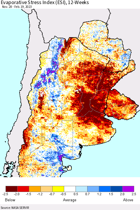 Southern South America Evaporative Stress Index (ESI), 12-Weeks Thematic Map For 2/13/2023 - 2/19/2023
