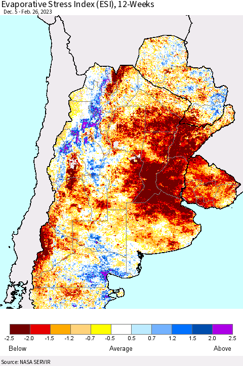 Southern South America Evaporative Stress Index (ESI), 12-Weeks Thematic Map For 2/20/2023 - 2/26/2023