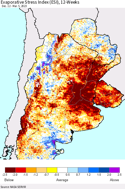 Southern South America Evaporative Stress Index (ESI), 12-Weeks Thematic Map For 2/27/2023 - 3/5/2023