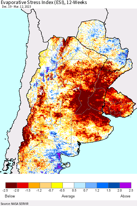 Southern South America Evaporative Stress Index (ESI), 12-Weeks Thematic Map For 3/6/2023 - 3/12/2023