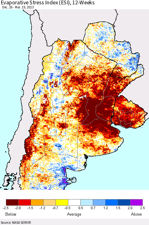 Southern South America Evaporative Stress Index (ESI), 12-Weeks Thematic Map For 3/13/2023 - 3/19/2023
