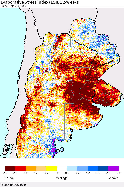 Southern South America Evaporative Stress Index (ESI), 12-Weeks Thematic Map For 3/20/2023 - 3/26/2023