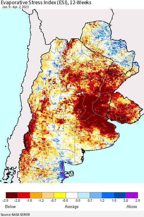 Southern South America Evaporative Stress Index (ESI), 12-Weeks Thematic Map For 3/27/2023 - 4/2/2023