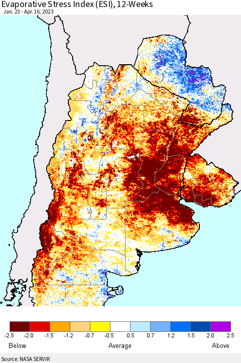 Southern South America Evaporative Stress Index (ESI), 12-Weeks Thematic Map For 4/10/2023 - 4/16/2023