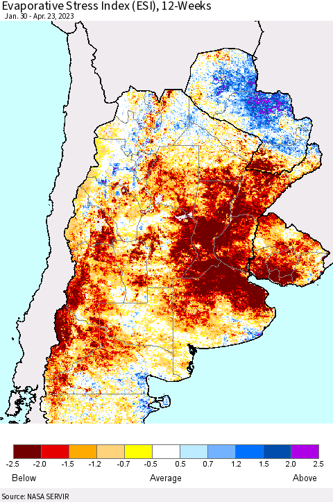 Southern South America Evaporative Stress Index (ESI), 12-Weeks Thematic Map For 4/17/2023 - 4/23/2023