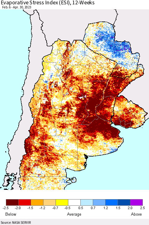 Southern South America Evaporative Stress Index (ESI), 12-Weeks Thematic Map For 4/24/2023 - 4/30/2023