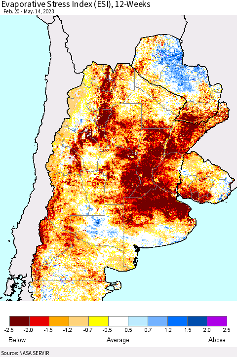 Southern South America Evaporative Stress Index (ESI), 12-Weeks Thematic Map For 5/8/2023 - 5/14/2023