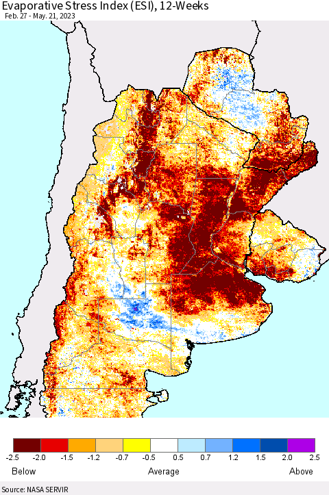 Southern South America Evaporative Stress Index (ESI), 12-Weeks Thematic Map For 5/15/2023 - 5/21/2023