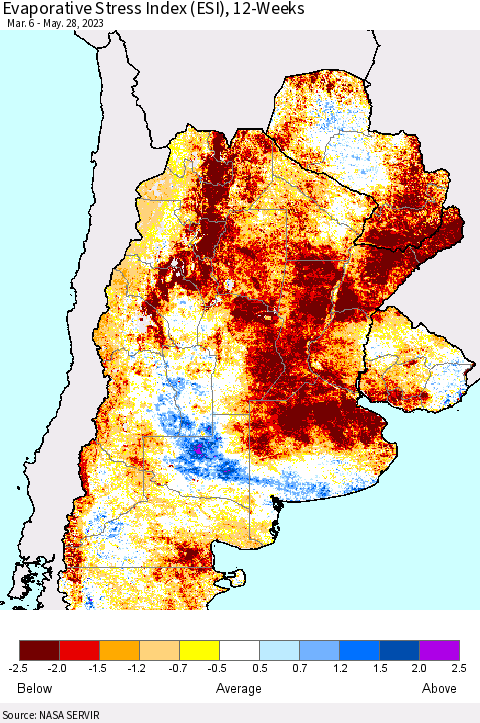 Southern South America Evaporative Stress Index (ESI), 12-Weeks Thematic Map For 5/22/2023 - 5/28/2023