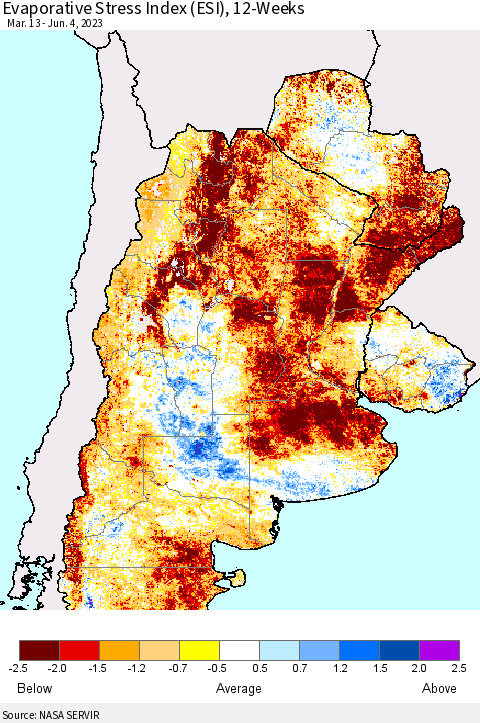 Southern South America Evaporative Stress Index (ESI), 12-Weeks Thematic Map For 5/29/2023 - 6/4/2023