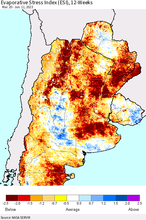 Southern South America Evaporative Stress Index (ESI), 12-Weeks Thematic Map For 6/5/2023 - 6/11/2023