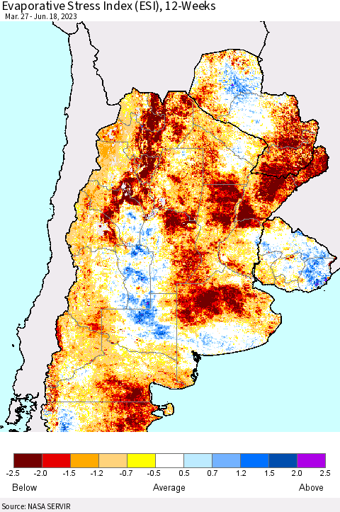 Southern South America Evaporative Stress Index (ESI), 12-Weeks Thematic Map For 6/12/2023 - 6/18/2023