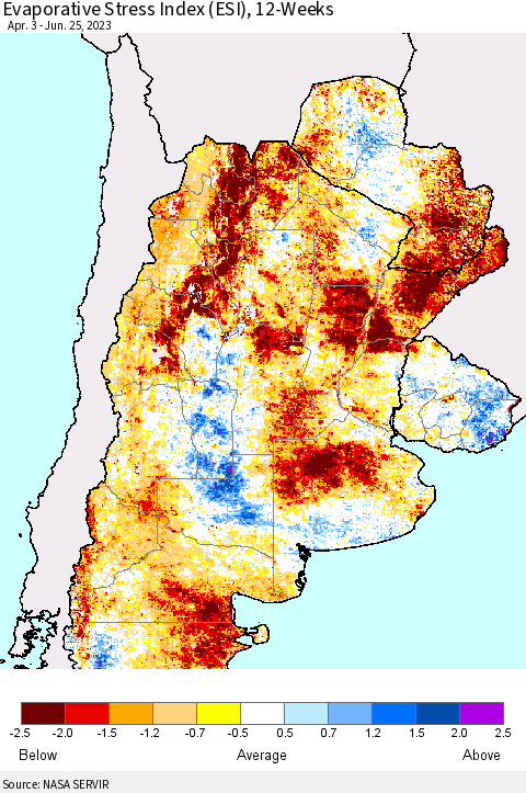 Southern South America Evaporative Stress Index (ESI), 12-Weeks Thematic Map For 6/19/2023 - 6/25/2023