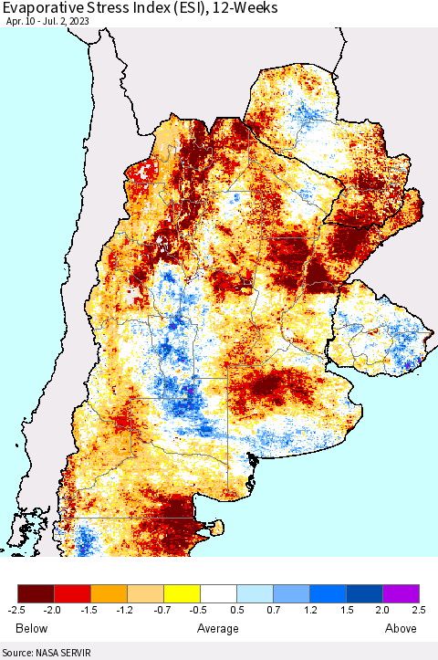 Southern South America Evaporative Stress Index (ESI), 12-Weeks Thematic Map For 6/26/2023 - 7/2/2023