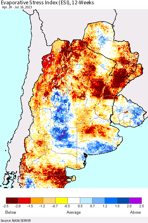 Southern South America Evaporative Stress Index (ESI), 12-Weeks Thematic Map For 7/10/2023 - 7/16/2023