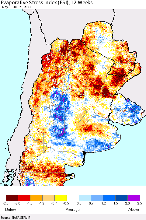 Southern South America Evaporative Stress Index (ESI), 12-Weeks Thematic Map For 7/17/2023 - 7/23/2023