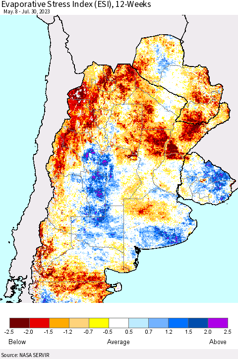 Southern South America Evaporative Stress Index (ESI), 12-Weeks Thematic Map For 7/24/2023 - 7/30/2023