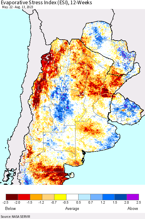 Southern South America Evaporative Stress Index (ESI), 12-Weeks Thematic Map For 8/7/2023 - 8/13/2023