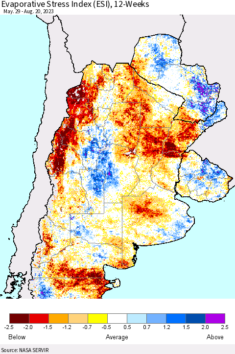 Southern South America Evaporative Stress Index (ESI), 12-Weeks Thematic Map For 8/14/2023 - 8/20/2023