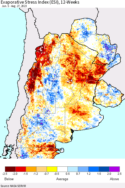 Southern South America Evaporative Stress Index (ESI), 12-Weeks Thematic Map For 8/21/2023 - 8/27/2023