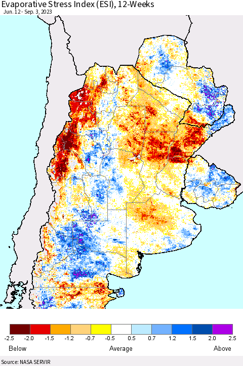 Southern South America Evaporative Stress Index (ESI), 12-Weeks Thematic Map For 8/28/2023 - 9/3/2023