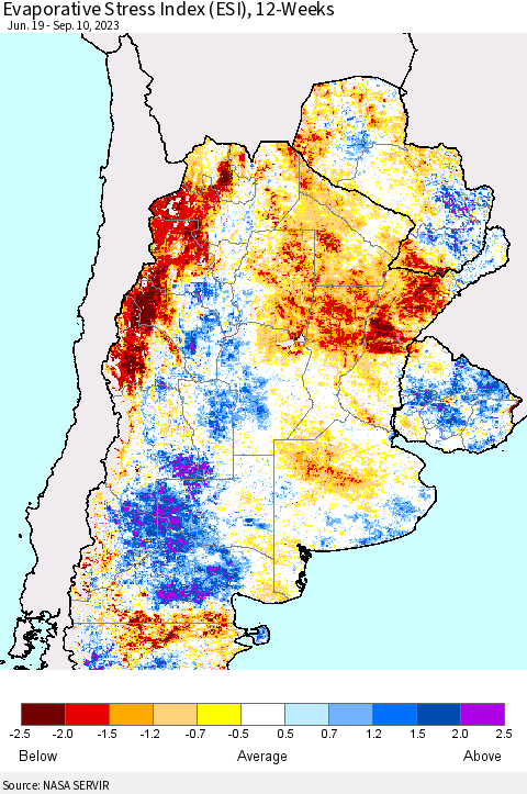 Southern South America Evaporative Stress Index (ESI), 12-Weeks Thematic Map For 9/4/2023 - 9/10/2023