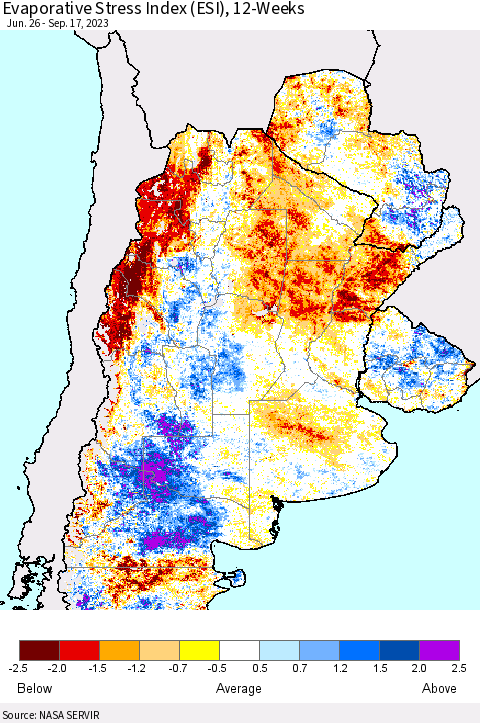 Southern South America Evaporative Stress Index (ESI), 12-Weeks Thematic Map For 9/11/2023 - 9/17/2023