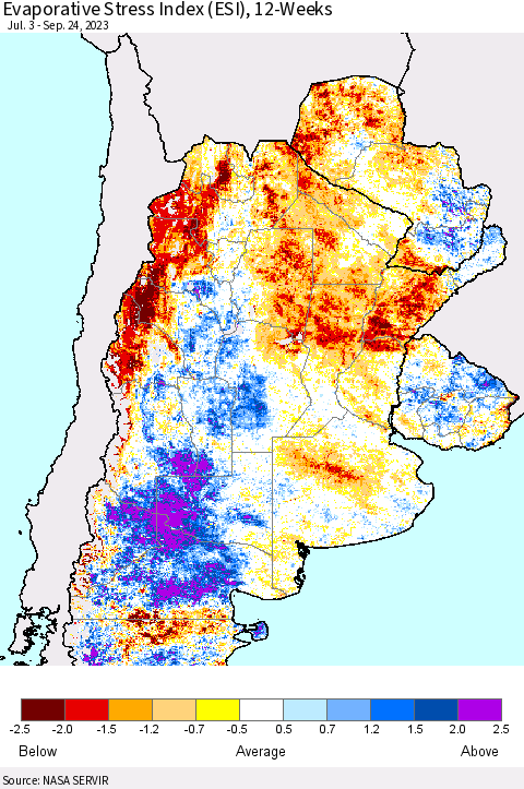 Southern South America Evaporative Stress Index (ESI), 12-Weeks Thematic Map For 9/18/2023 - 9/24/2023