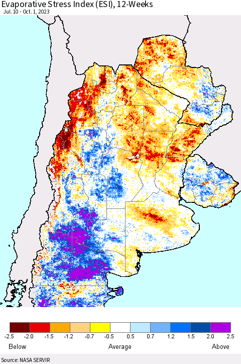 Southern South America Evaporative Stress Index (ESI), 12-Weeks Thematic Map For 9/25/2023 - 10/1/2023