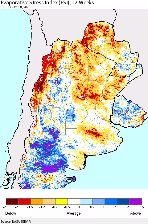 Southern South America Evaporative Stress Index (ESI), 12-Weeks Thematic Map For 10/2/2023 - 10/8/2023