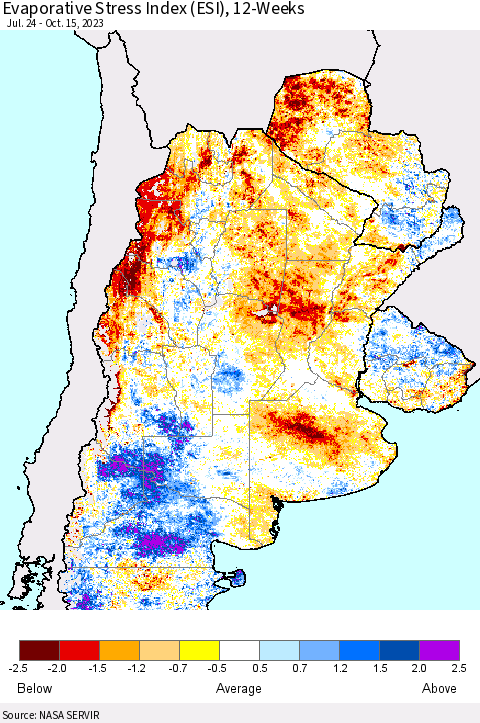 Southern South America Evaporative Stress Index (ESI), 12-Weeks Thematic Map For 10/9/2023 - 10/15/2023