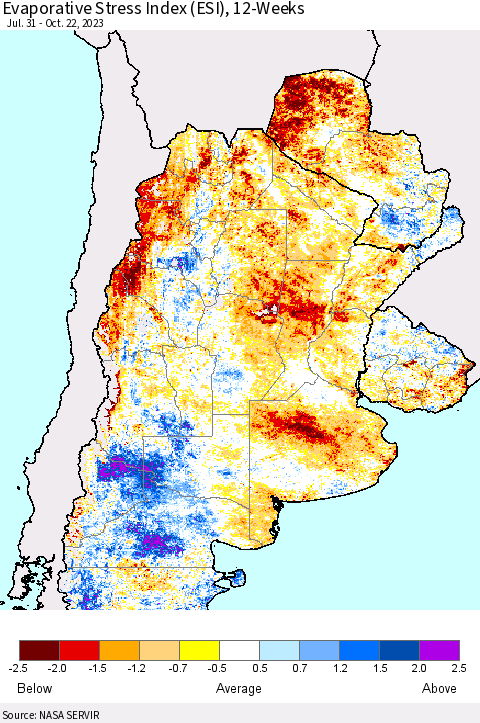 Southern South America Evaporative Stress Index (ESI), 12-Weeks Thematic Map For 10/16/2023 - 10/22/2023