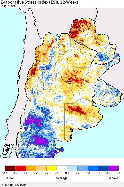Southern South America Evaporative Stress Index (ESI), 12-Weeks Thematic Map For 10/23/2023 - 10/29/2023