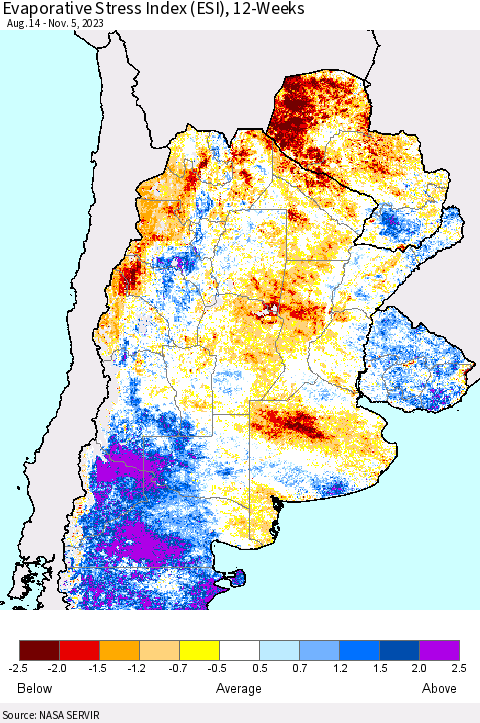 Southern South America Evaporative Stress Index (ESI), 12-Weeks Thematic Map For 10/30/2023 - 11/5/2023