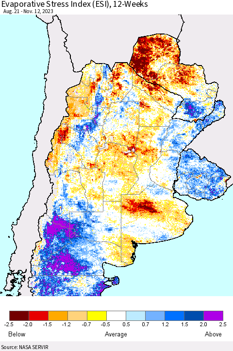 Southern South America Evaporative Stress Index (ESI), 12-Weeks Thematic Map For 11/6/2023 - 11/12/2023