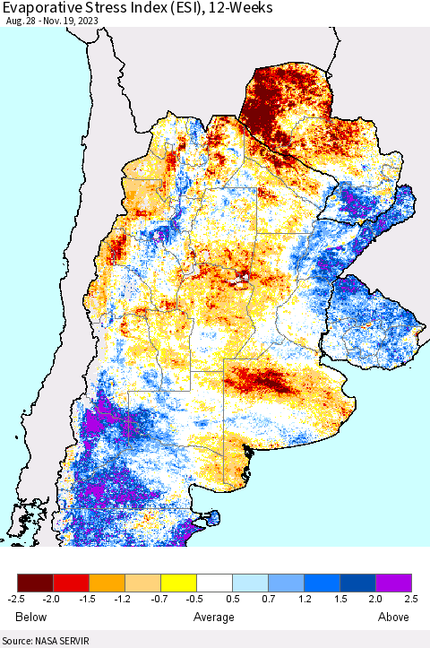 Southern South America Evaporative Stress Index (ESI), 12-Weeks Thematic Map For 11/13/2023 - 11/19/2023