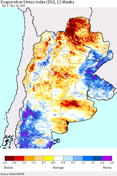 Southern South America Evaporative Stress Index (ESI), 12-Weeks Thematic Map For 11/20/2023 - 11/26/2023