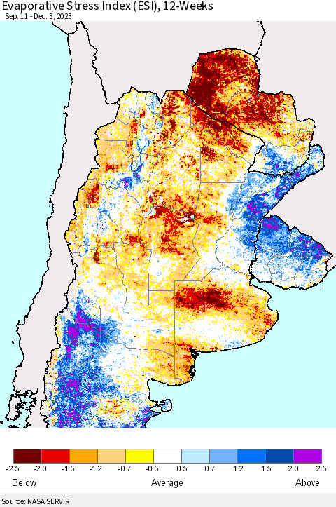 Southern South America Evaporative Stress Index (ESI), 12-Weeks Thematic Map For 11/27/2023 - 12/3/2023