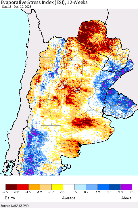 Southern South America Evaporative Stress Index (ESI), 12-Weeks Thematic Map For 12/4/2023 - 12/10/2023