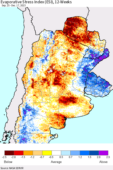 Southern South America Evaporative Stress Index (ESI), 12-Weeks Thematic Map For 12/11/2023 - 12/17/2023
