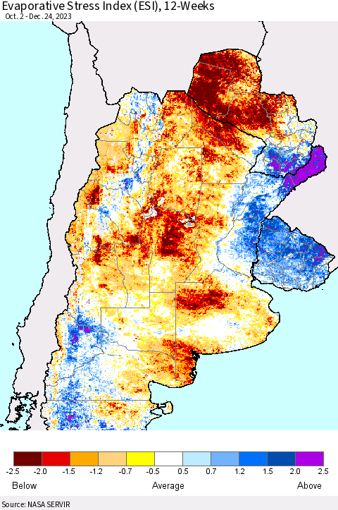 Southern South America Evaporative Stress Index (ESI), 12-Weeks Thematic Map For 12/18/2023 - 12/24/2023