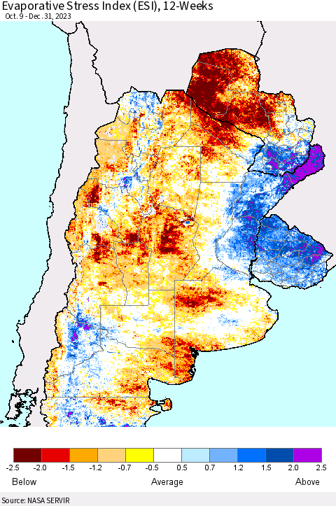 Southern South America Evaporative Stress Index (ESI), 12-Weeks Thematic Map For 12/25/2023 - 12/31/2023