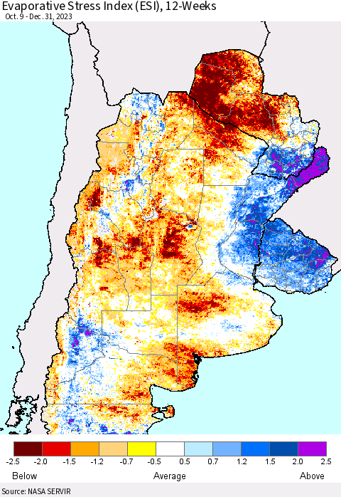 Southern South America Evaporative Stress Index (ESI), 12-Weeks Thematic Map For 1/1/2024 - 1/7/2024